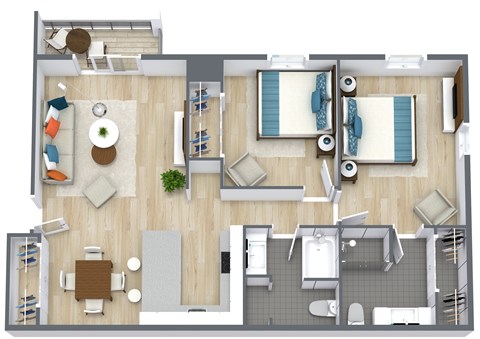 Floor plan for 2 beds, 2 baths, 960 sqft